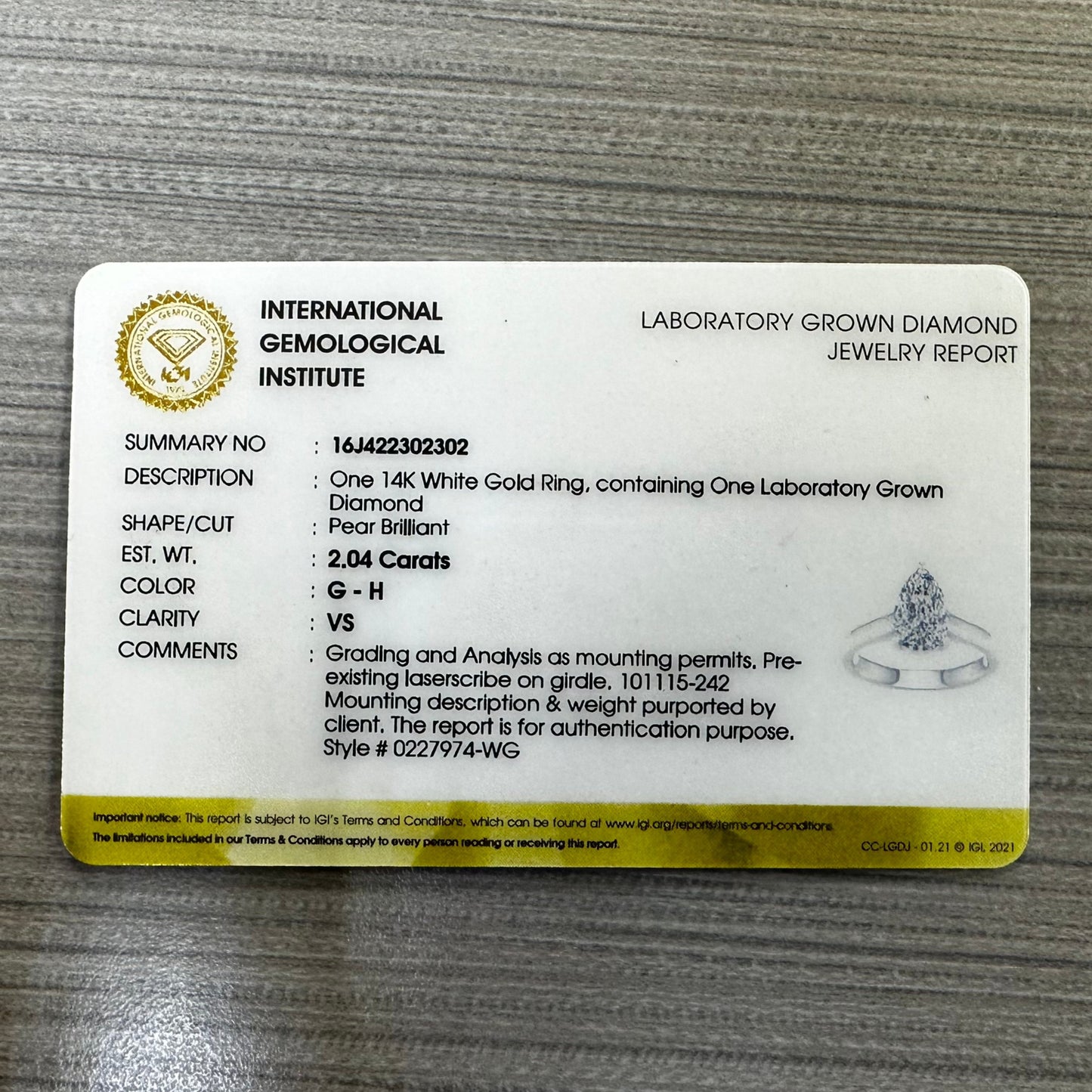 2.04 CT Pear Lab Grown Diamond Solitaire Ring in 14K White Gold