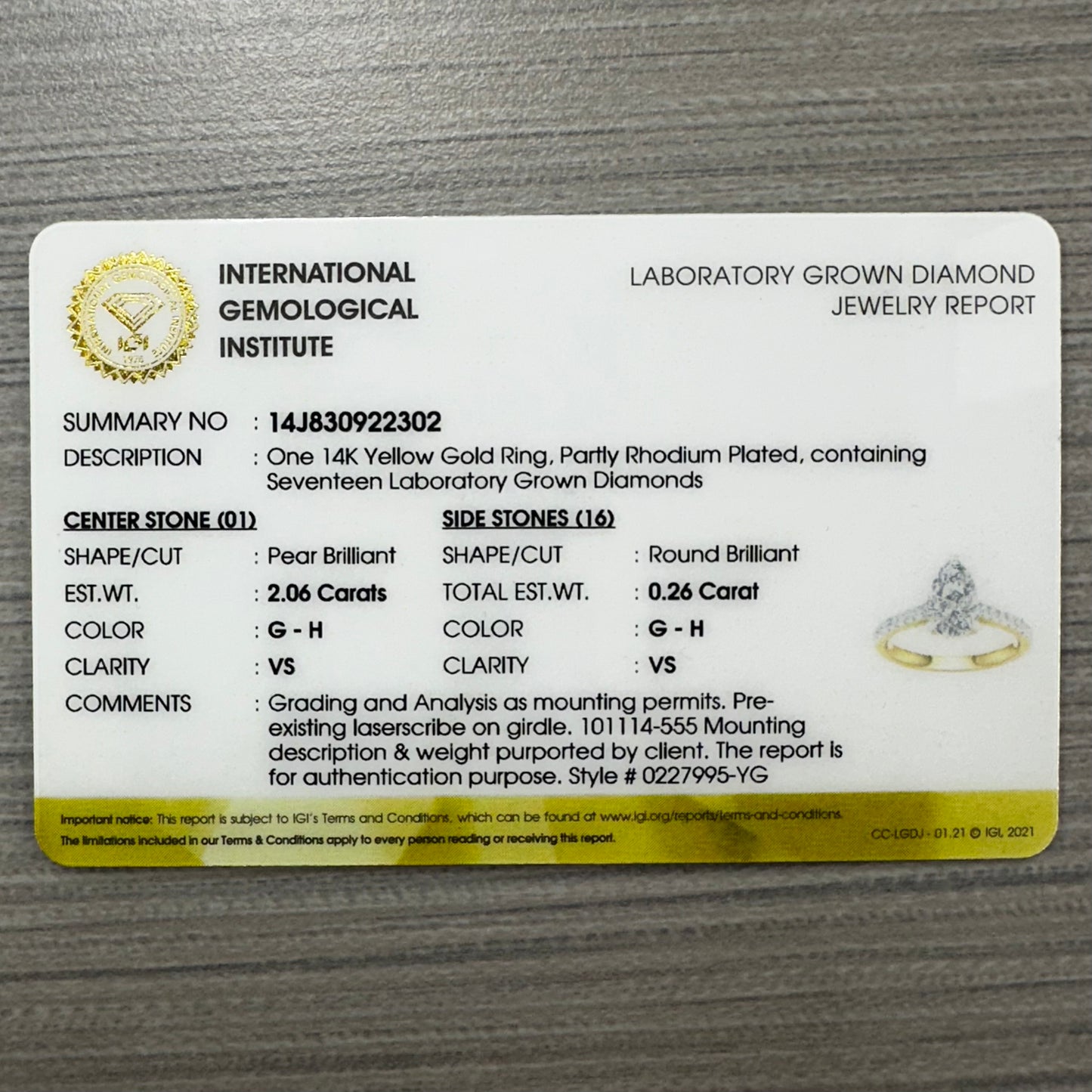 2.32 CTW Pear Lab grown diamond ring in 14K Yellow Gold