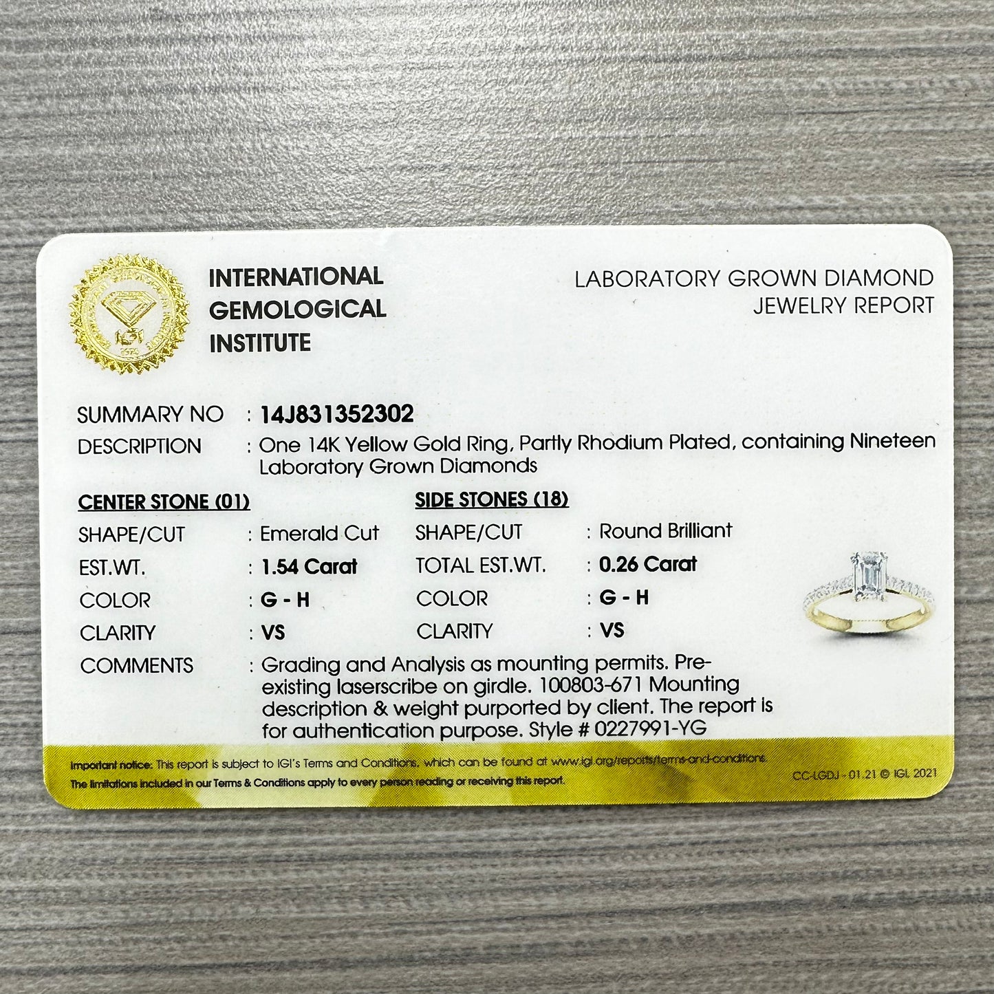 1.80 CTW Emerald Lab Grown Diamond Ring in 14K Yellow Gold