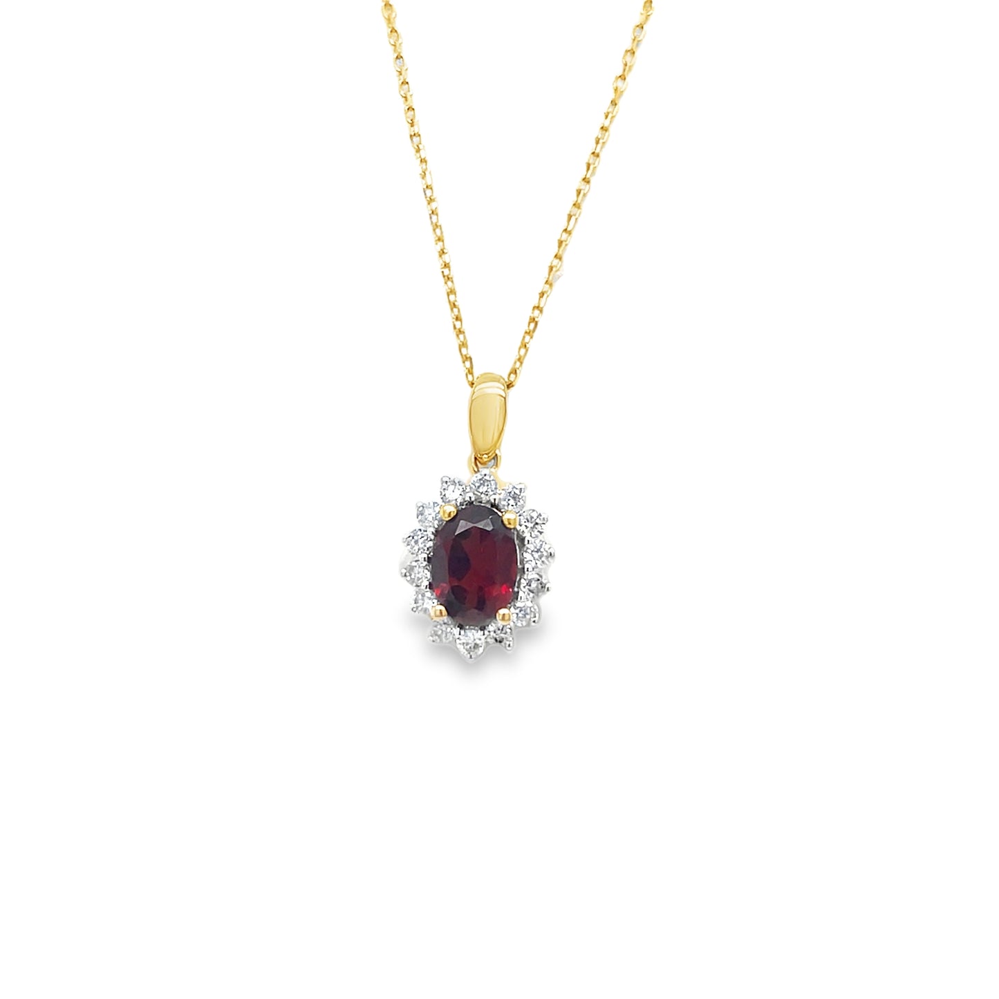 14k Yellow Gold Charm Necklace with Oval Garnet & Diamond Pendant