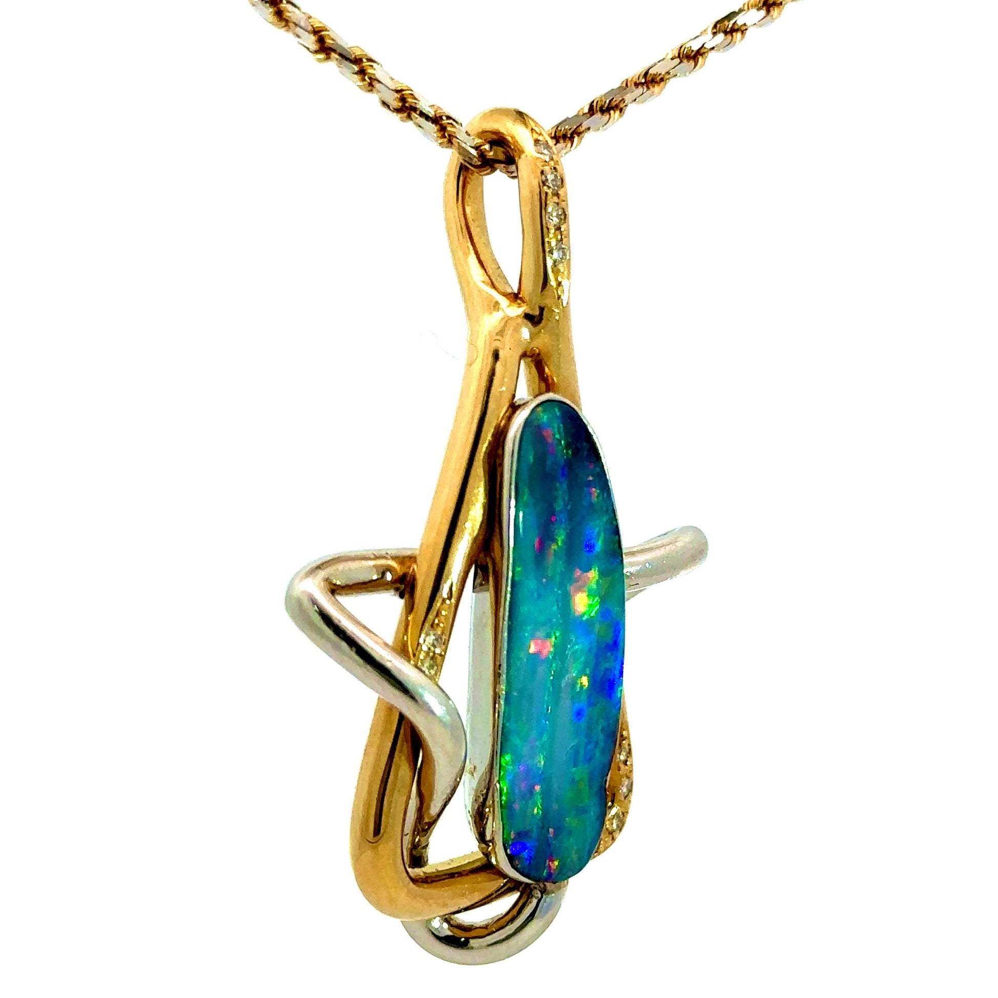 9.65 ct Boulder Opal & Diamond Necklace in 18K Yellow Gold and Platinum