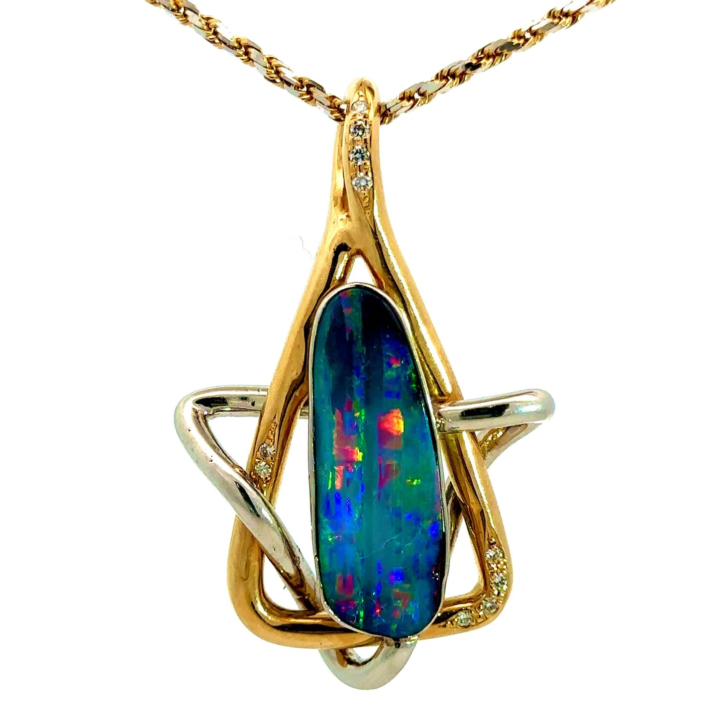 9.65 ct Boulder Opal & Diamond Necklace in 18K Yellow Gold and Platinum