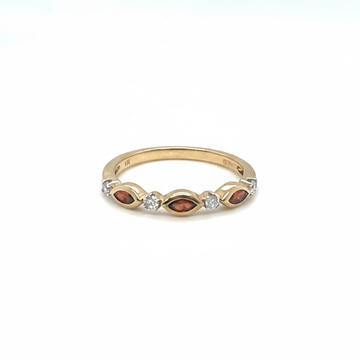 14k Yellow Gold Band Ring with Marquise Garnets & Round Diamonds