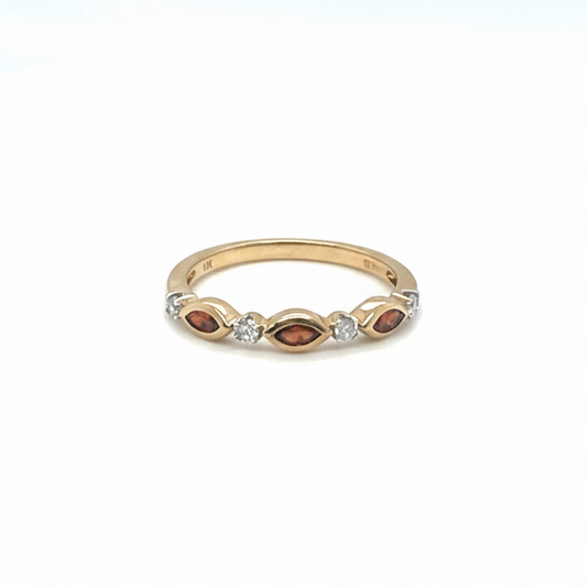 14k Yellow Gold Band Ring with Marquise Garnets & Round Diamonds