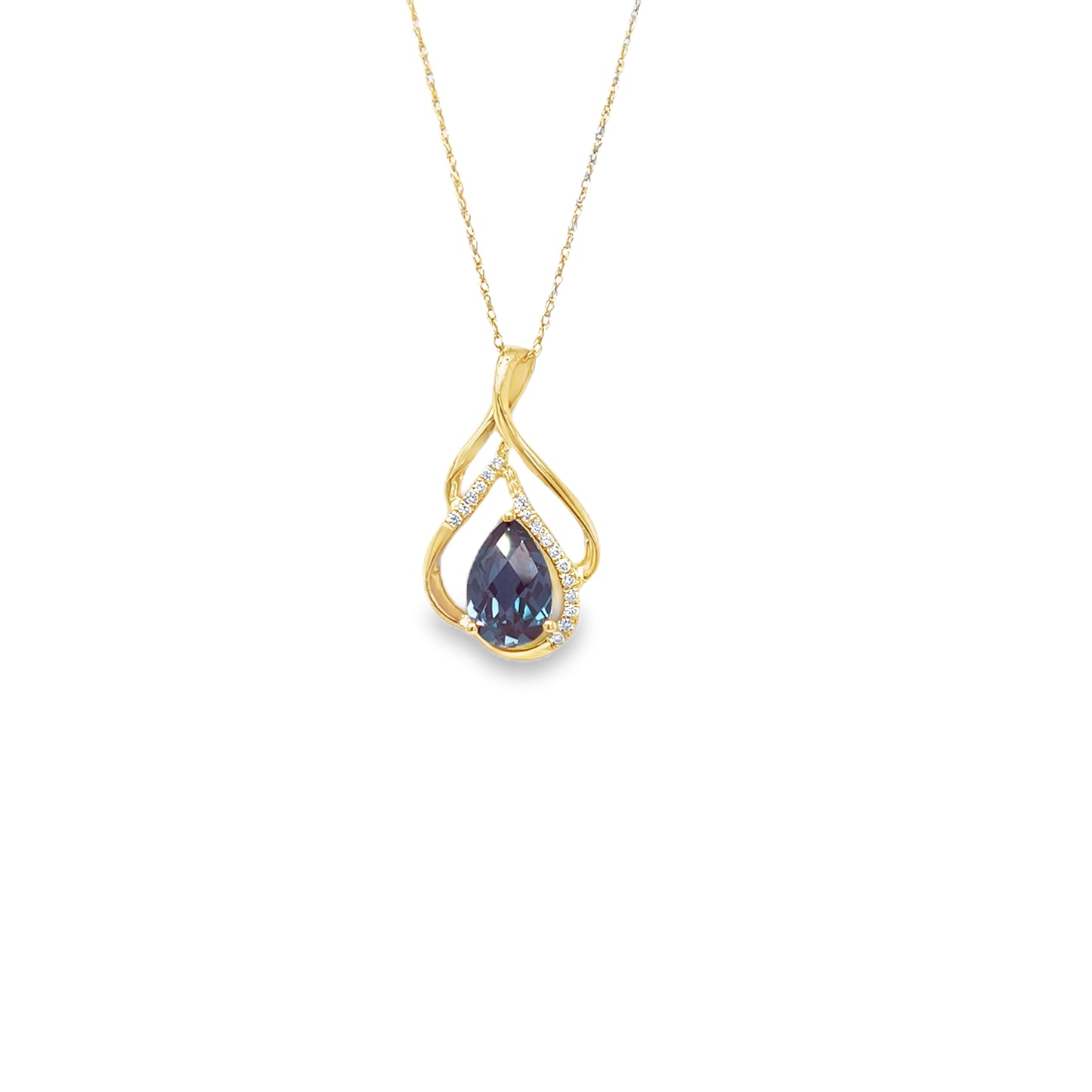 14k Yellow Gold Charm Necklace with Lab Grown Pear Cut Bluish Purple Alexandrite
