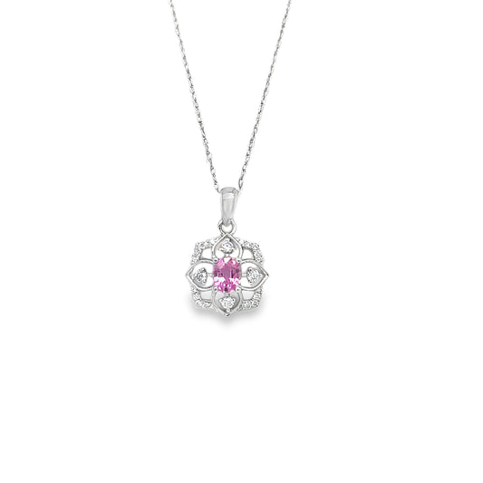 14k White Gold Charm Necklace with Vivid Pink Gemstone